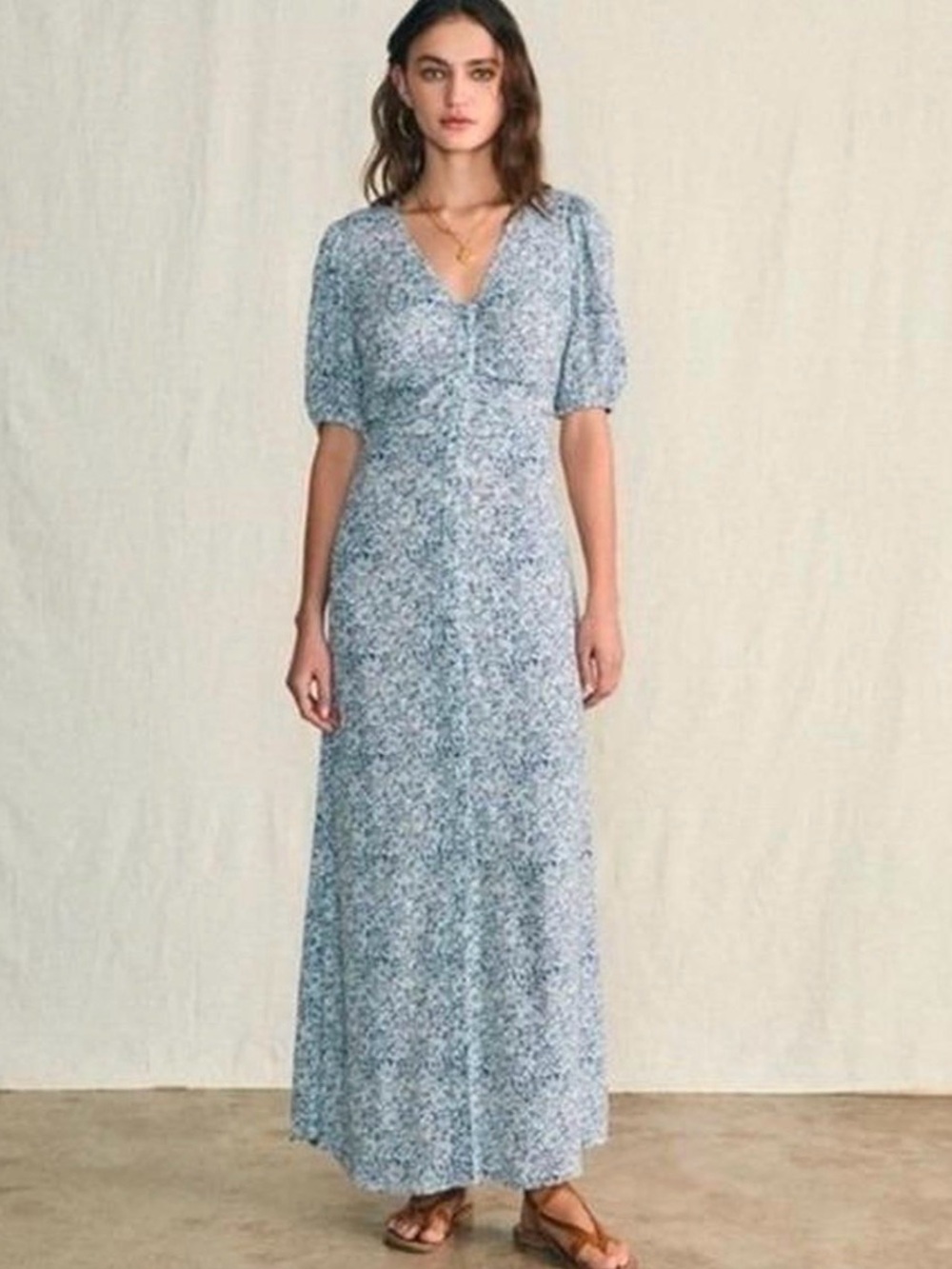 Faherty Blue Floral Sorrento Midi Shirt Dress | Size XS